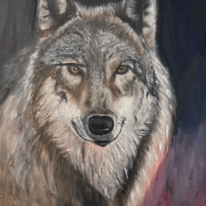 Original oil painting titled Intrepid, 16x20 oil on canvas, depicting a detailed wolf portrait with soft neutral tones and a moody, textured background.
