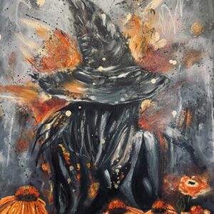 Original oil painting titled Solenne, 18x12 oil on canvas, depicting a dark faceless figure surrounded by orange flowers on a textured gray background.