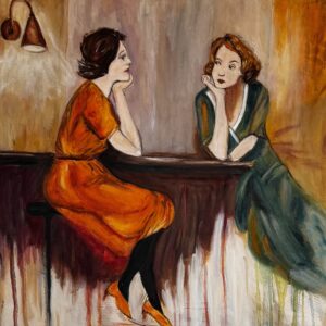 Oil painting of two women seated across a table, facing each other in quiet contemplation, rendered in warm earthy tones with expressive brushstrokes, titled The Space Between.