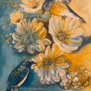 Original oil painting titled Stillness in Motion, 18x24 oil on canvas, depicting small birds among soft white and yellow flowers with flowing brushwork and warm blue and gold tones.